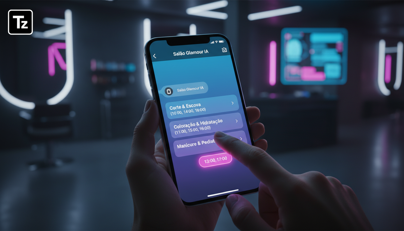 Por que Agente IA Social Media é essencial para Franquias — Um close-up das mãos de um cliente interagindo com um chatbot de agendamento da Toolzz no Instagram Direct. A tela do celular mostra opções 