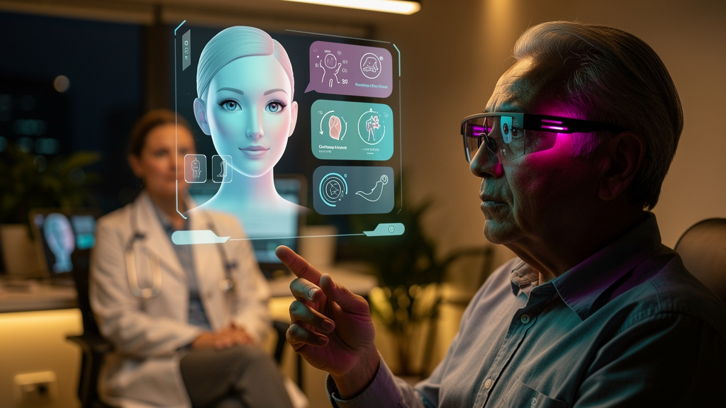Por que aparecer no ChatGPT é essencial para clínicas e consultórios em 2026 — Um paciente idoso em 2026 usando óculos de realidade aumentada para interagir com o ChatGPT, que aparece como um assisten