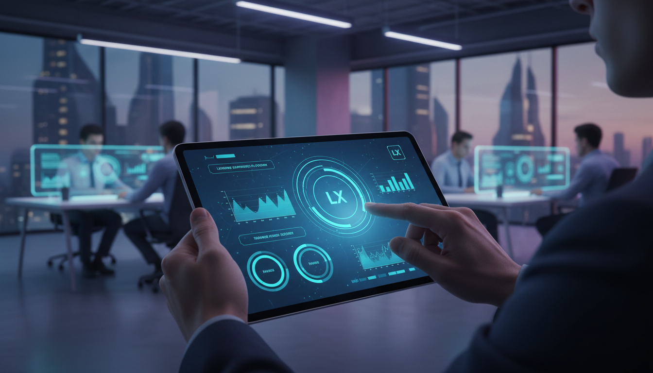 Por que App Mobile em LXP é Tendência em 2026 — Um close-up das mãos de um colaborador segurando um tablet em um escritório moderno e aberto. O tablet exibe um painel de controle de LXP com gráficos d