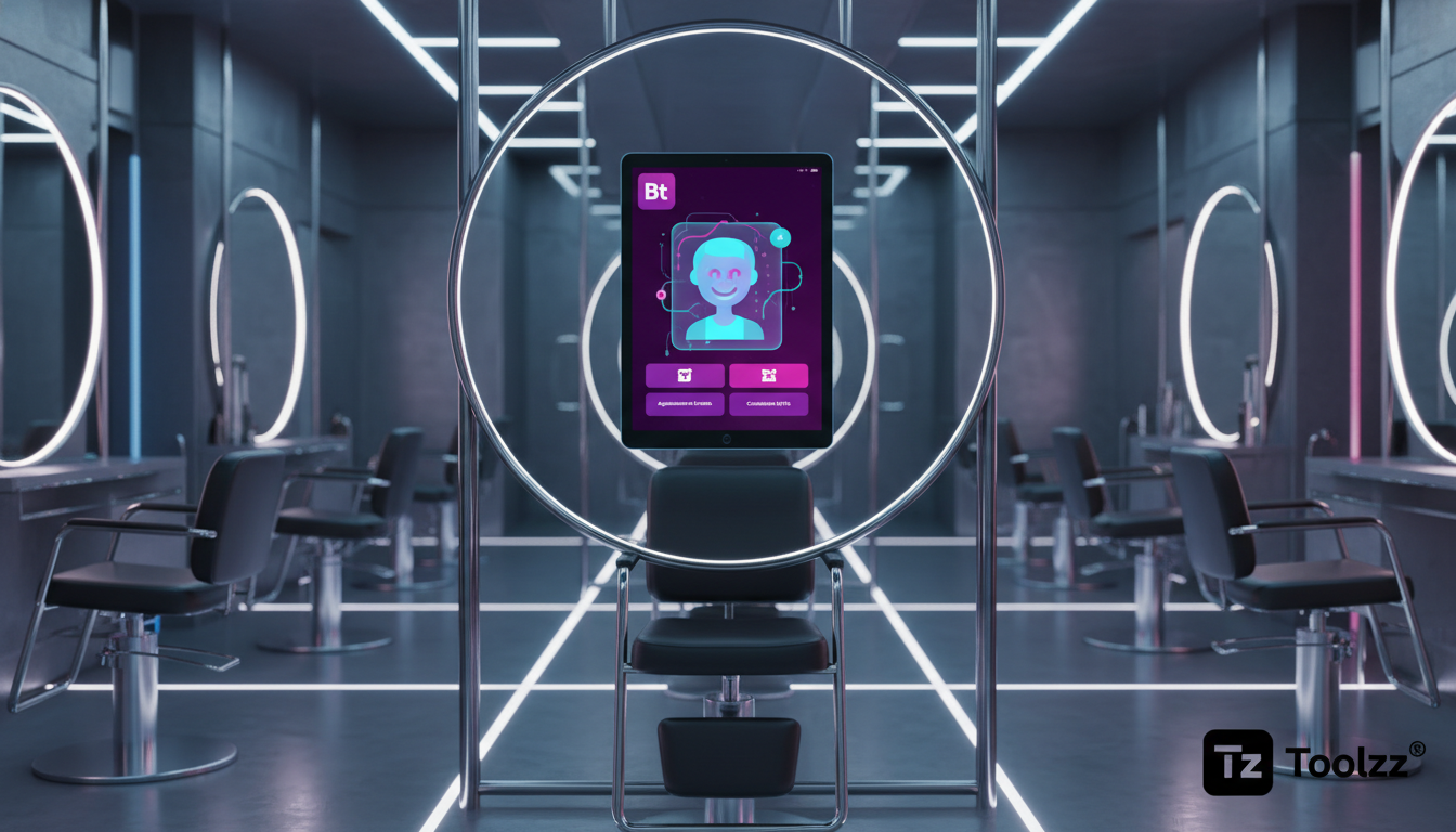 Por que Automação de Marketing Instagram é Tendência em 2026 — Um salão de beleza moderno e elegante, com cadeiras de cabeleireiro vazias e espelhos bem iluminados. No reflexo de um dos espelhos, em v