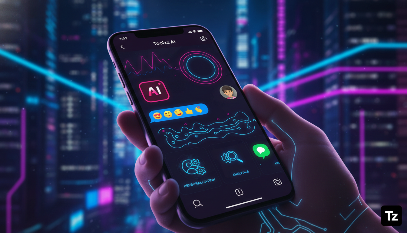 Por que Automação Instagram é Tendência em 2026 — Um close-up de um smartphone mostrando uma interface do Instagram com um chatbot de IA da Toolzz respondendo a mensagens de clientes. O chatbot usa em