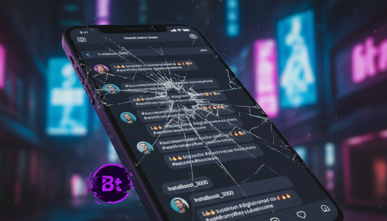 Por que Automação Instagram falha e como evitar — Close-up de um smartphone mostrando uma conversa genérica e impessoal no Instagram DM, com mensagens repetitivas e hashtags irrelevantes. A tela do sm