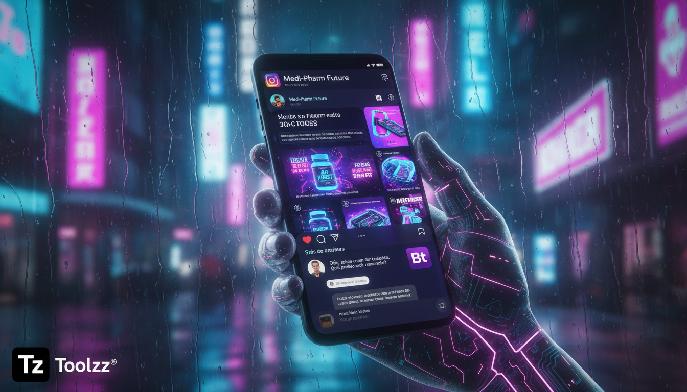 Por que Automação no Instagram é essencial para Farmácias — Uma tela de smartphone exibindo um perfil de Instagram de uma farmácia, com posts visualmente atraentes de produtos, dicas de saúde e promoç