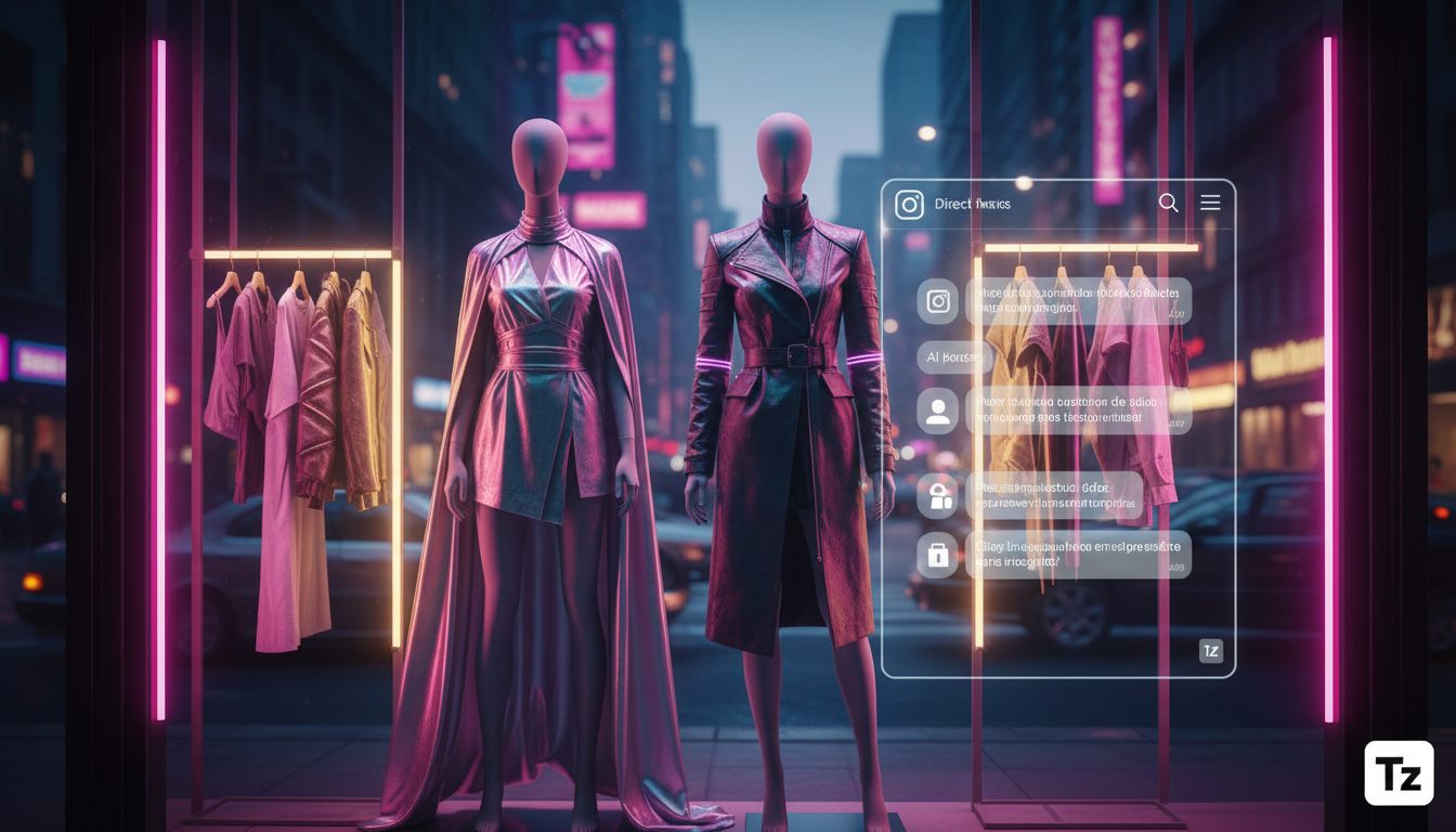 Por que chatbot Instagram DM é essencial para a moda — Uma vitrine de loja de roupas elegante, com manequins vestindo as últimas tendências da moda. A vitrine reflete a rua movimentada e, sutilmente s
