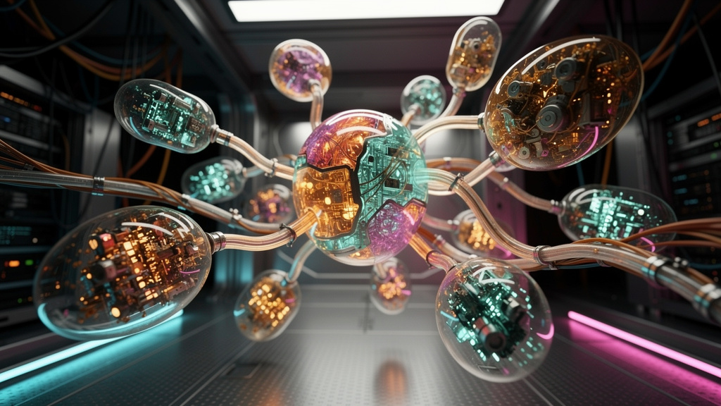 Por que clientes escolhem Toolzz para Agentes de IA — Uma ilustração detalhada do 'cérebro' de um agente de IA, mostrando conexões complexas e fluxos de dados. Cada nó na rede representa um agente ind