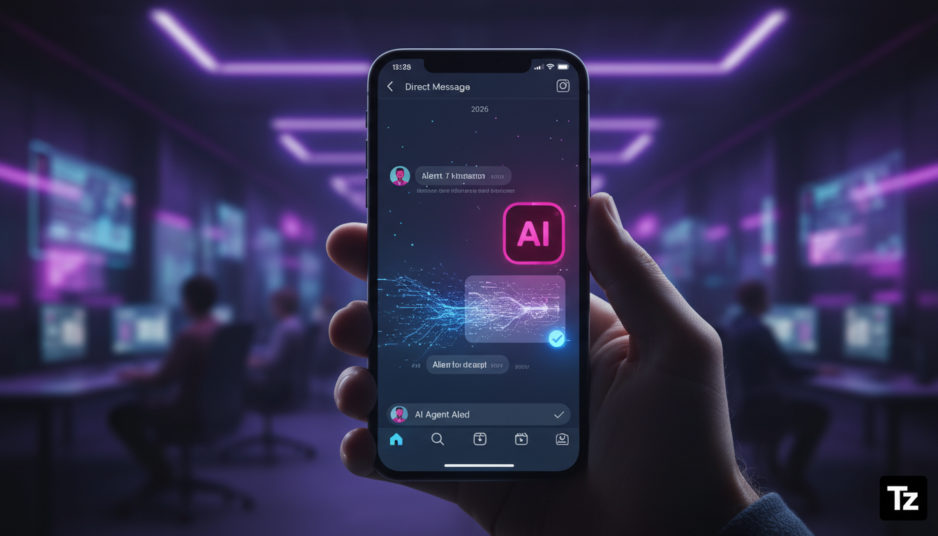 Por que clientes escolhem Toolzz para Automação Instagram 2026 — Close-up em um smartphone exibindo uma conversa no Instagram DM. A mensagem de um cliente é respondida instantaneamente por um agente d