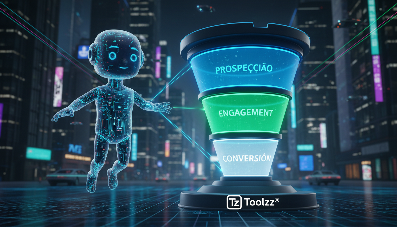 Por que clientes escolhem Toolzz para Automação Instagram em 2026 — Um agente de IA estilizado como um assistente virtual amigável, flutuando ao lado de um funil de vendas do Instagram. O funil está s