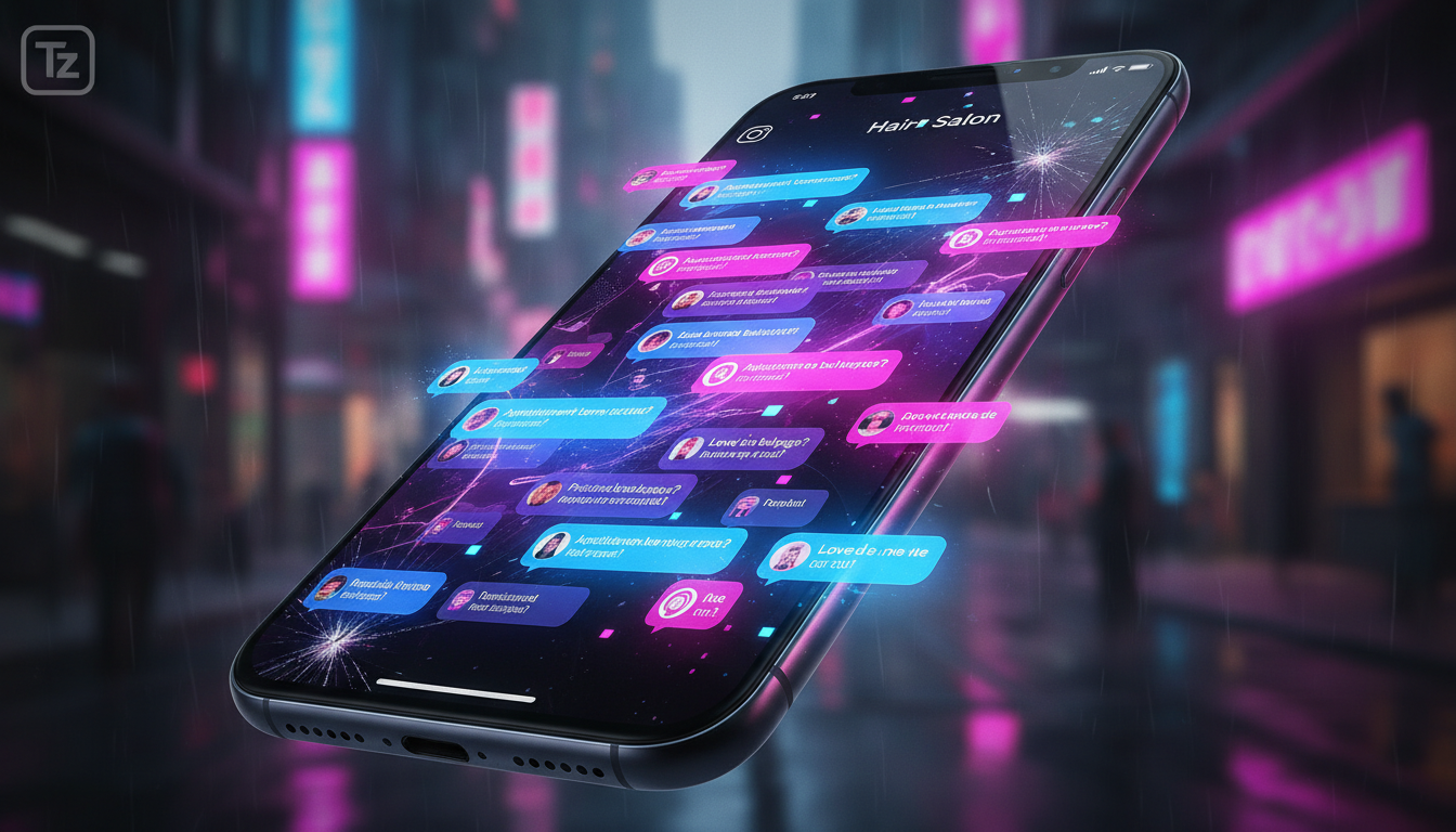 Por que clientes escolhem Toolzz para automatizar Instagram em 2026 — Close-up de uma tela de smartphone mostrando um fluxo caótico de mensagens do Instagram Direct de um salão de beleza. As mensagens