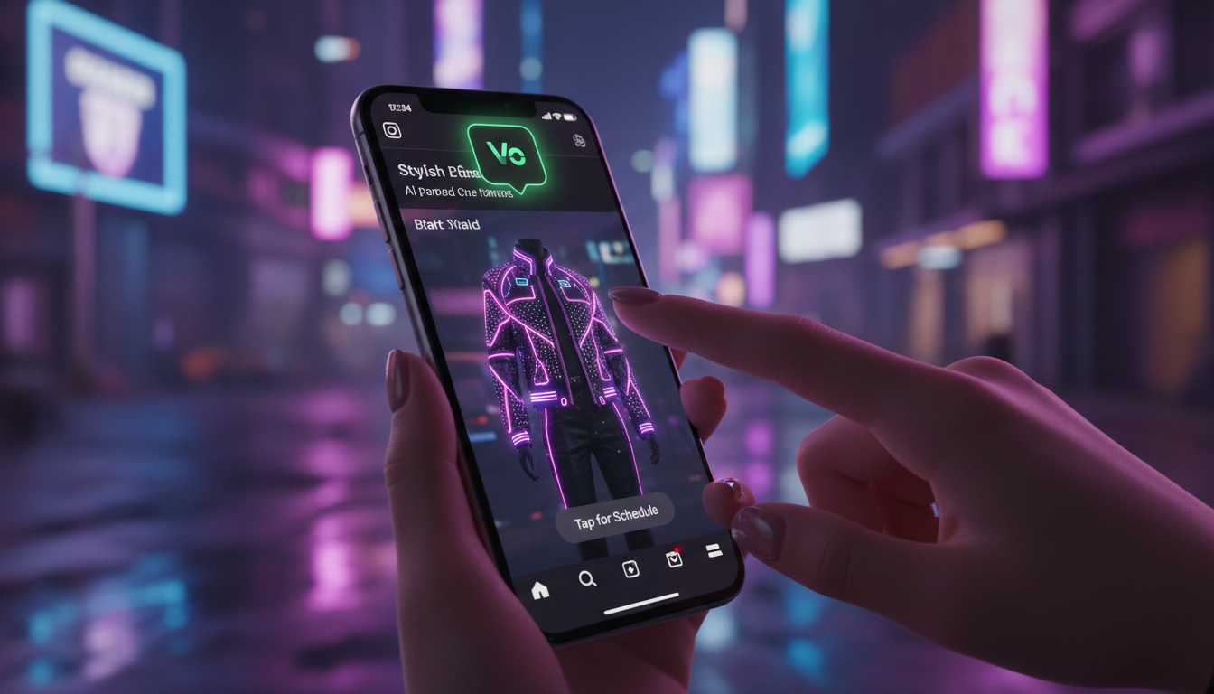 Por que clientes escolhem Toolzz para Instagram Commerce IA — Uma tela de smartphone mostrando o aplicativo Instagram. Dentro do aplicativo, uma vitrine virtual de uma loja de roupas com etiquetas de 