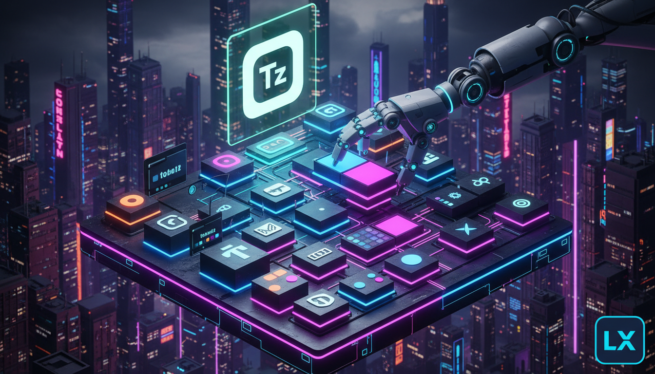 Por que clientes escolhem Toolzz para Player Customizado em LXP — Ilustração isométrica de uma plataforma LXP com diversos blocos personalizáveis. Cada bloco representa um elemento do player customiza