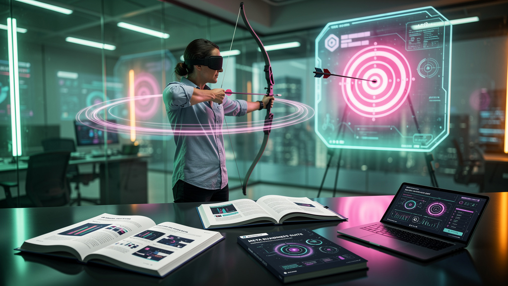 Por que estratégias de Meta Business Suite IA falham e como evitar — Ilustração editorial. Uma pessoa tentando desesperadamente mirar uma flecha em um alvo, mas está vendada e girando em círculos. O a