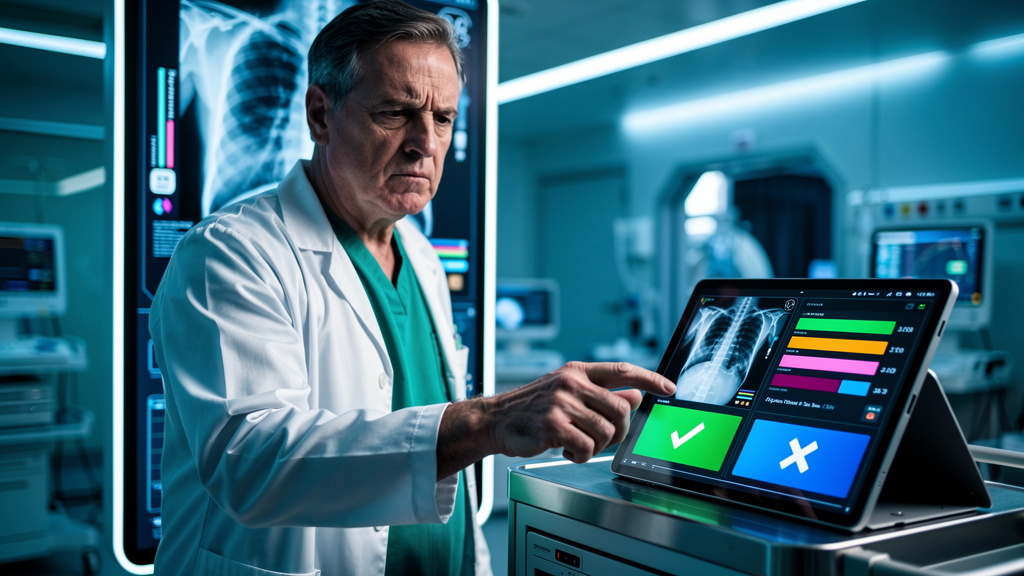 Por que Fluxos de Human Approval Falham e Como Evitar — Um médico em um hospital moderno, analisando um exame de raio-x gerado por IA. Ele está franzindo a testa, parecendo incerto. Ao lado dele, um t