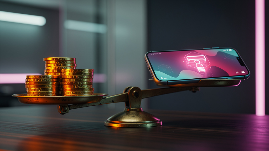 Por que Fluxos de Human Approval são essenciais para IA em 2024 — Um close-up de uma balança antiga equilibrada. De um lado, pilhas de moedas de ouro representando ganhos financeiros. Do outro lado, u