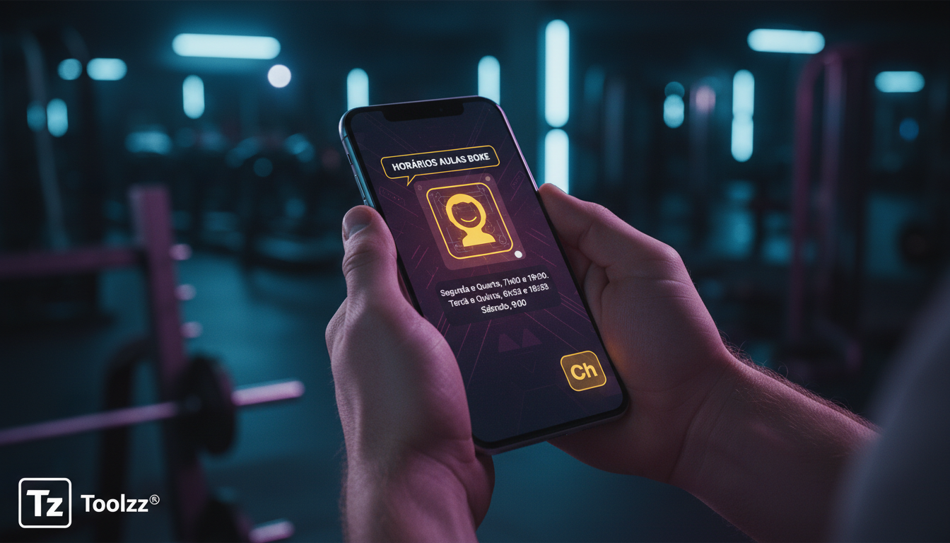 Por que IA para Redes Sociais é Tendência em 2026 — Close-up das mãos de um personal trainer segurando um smartphone. Na tela do celular, um chatbot da Toolzz responde instantaneamente a uma pergunta 