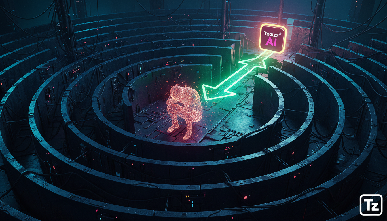 Por que Meta Business Suite IA falha e como evitar — Um labirinto complexo representando o sistema da Meta Business Suite. No centro do labirinto, uma figura estilizada de um cliente parece confusa e 