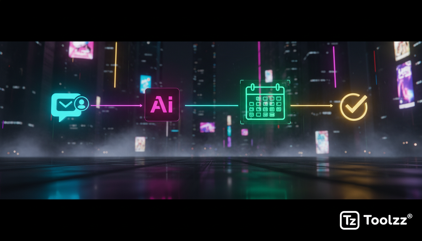 Por que migrar para Toolzz agora: 7 Vantagens do Agendamento AI no Instagram — Um diagrama visual mostrando o fluxo de agendamento automatizado no Instagram. O diagrama começa com um ícone de mensagem