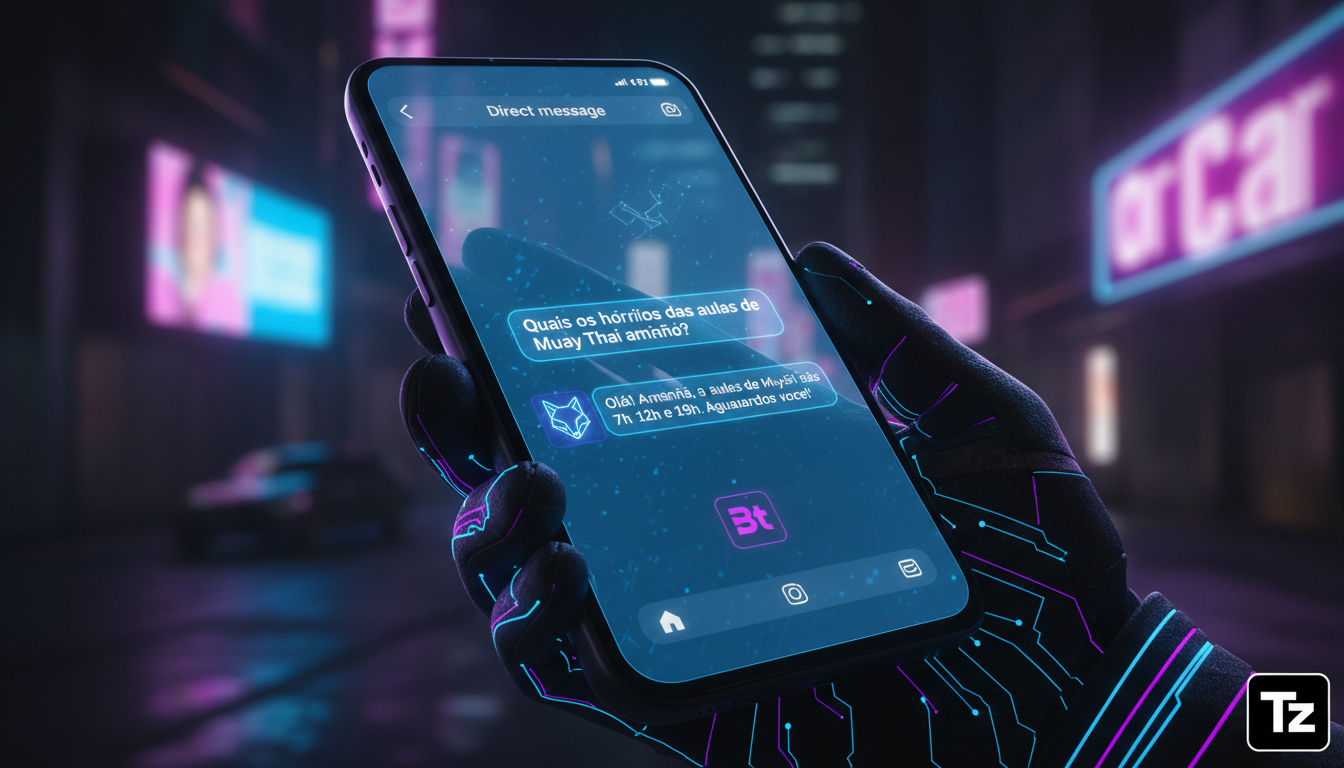 Por que migrar para Toolzz agora: Atendimento no Instagram em 2026? — Close-up de um chatbot da Toolzz respondendo instantaneamente a uma pergunta sobre horários de aulas em uma DM do Instagram. A int