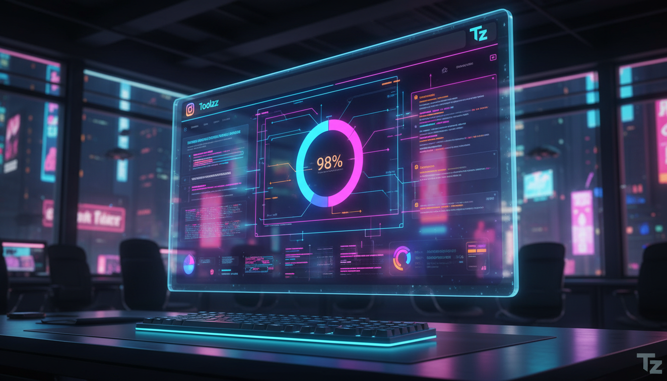Por que migrar para Toolzz agora: Automação Instagram em 2026 — Uma tela de computador exibindo a interface da API do Instagram com o logo da Toolzz integrado, mostrando dados e gráficos de automação 
