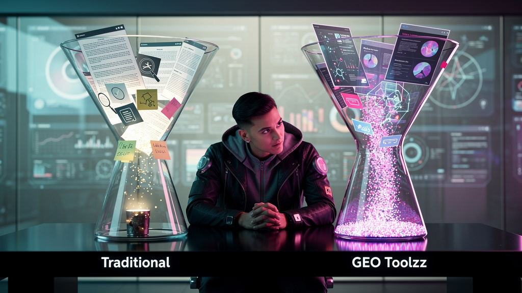 Por que migrar para Toolzz agora: IA que escreve SEO em 2026 — Infográfico comparando as estratégias de SEO tradicionais com o GEO (Generative Engine Optimization) da Toolzz. No bloco superior, visual