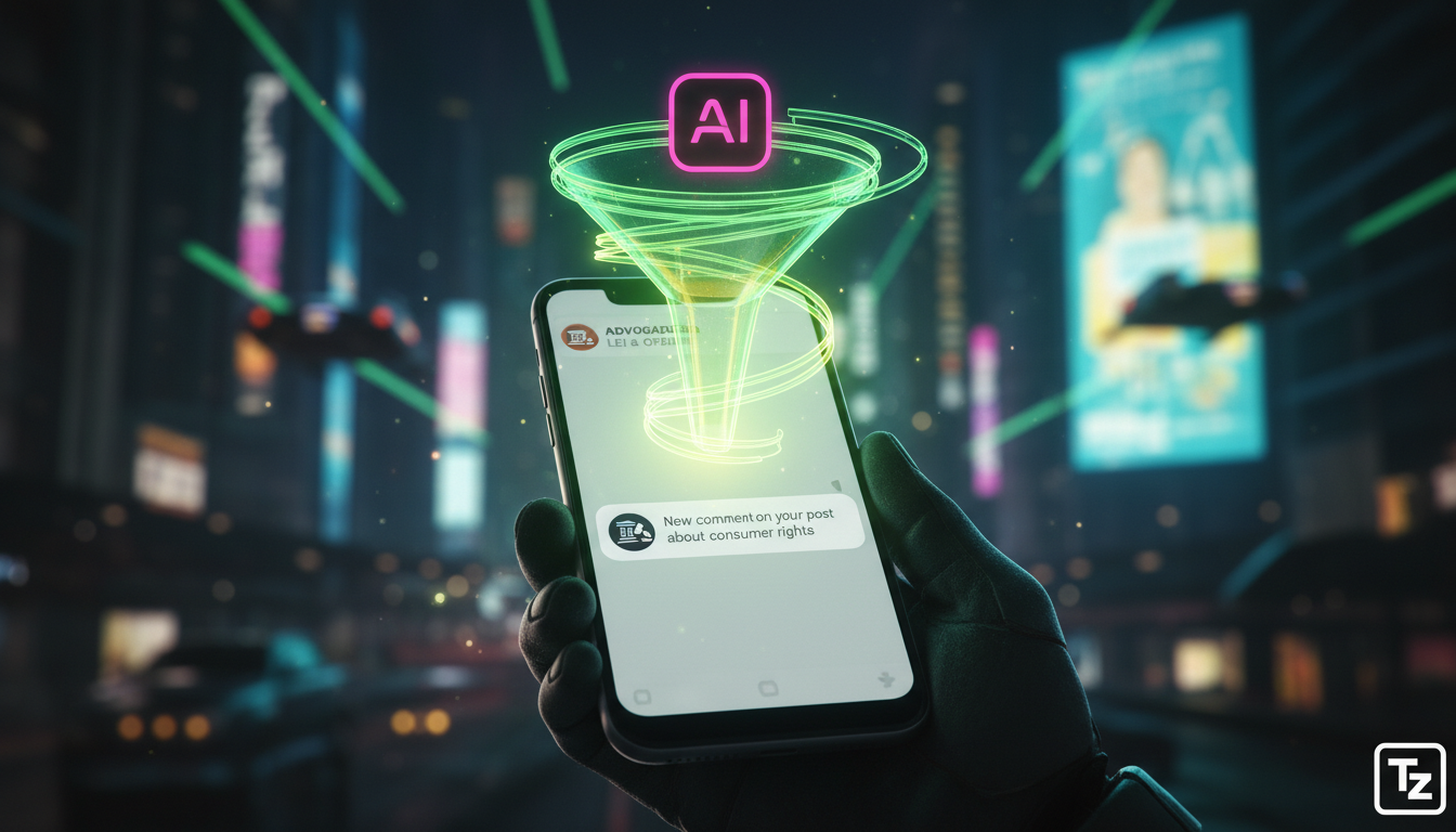 Por que migrar para Toolzz agora: Meta Business Suite IA — Um close-up de um smartphone mostrando uma notificação do Instagram. A notificação indica um novo comentário em um post de um escritório de a