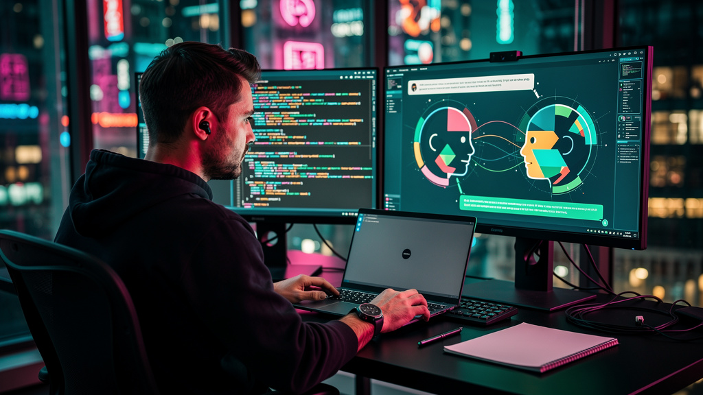 Por que OpenClaw é essencial para empresas — Um desenvolvedor em seu escritório, utilizando dois monitores. Um monitor exibe código, enquanto o outro mostra uma conversa em tempo real entre dois agent