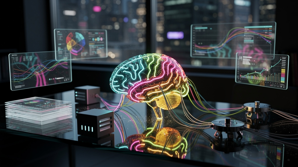 Por que RAG com LLMs e Automação No-Code é Essencial para Empresas — Ilustração isométrica de um cérebro humano estilizado, com várias conexões representando o fluxo de dados. Pequenos ícones de docum