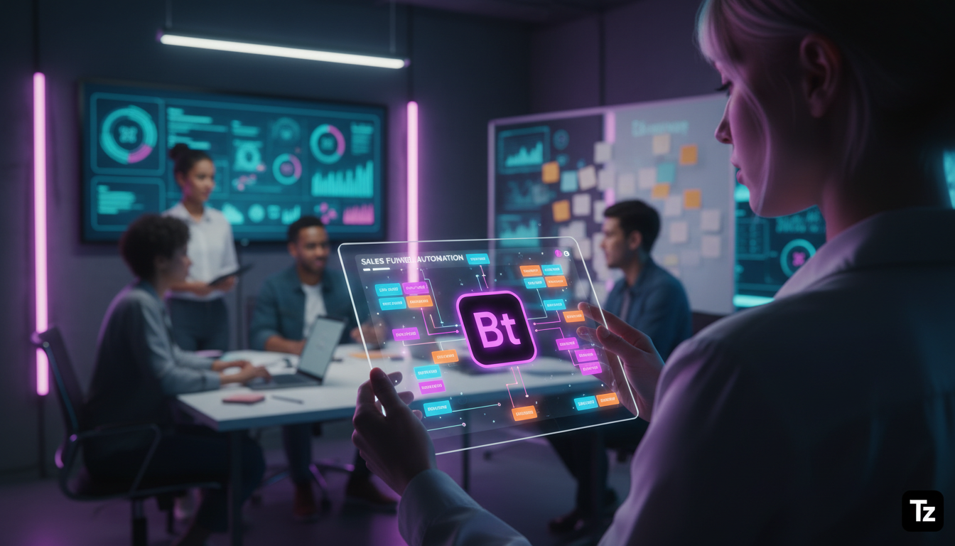 Por que toda empresa deveria entender Chatbots Instagram — Um profissional de marketing, em um escritório moderno e iluminado, utilizando a plataforma Toolzz em um tablet para criar um fluxo de automa