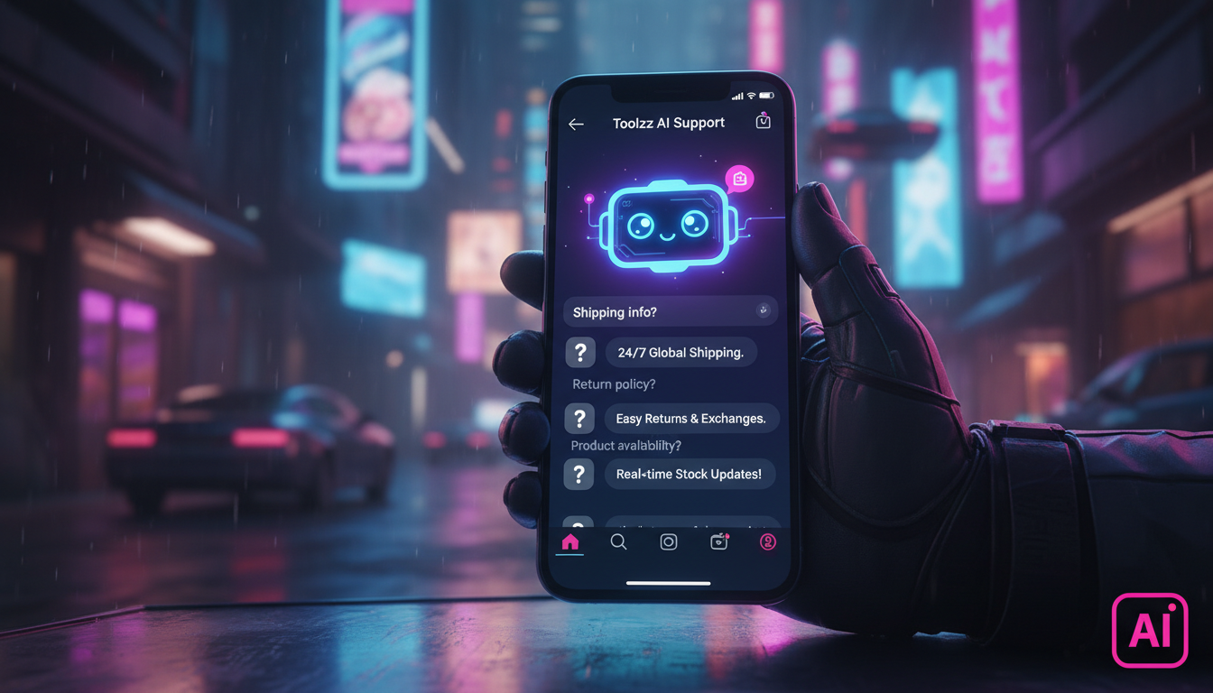 Por que toda empresa deveria entender IA para Instagram — Close-up de uma tela de smartphone mostrando um chatbot da Toolzz AI respondendo a perguntas frequentes de clientes no Instagram. O chatbot ex