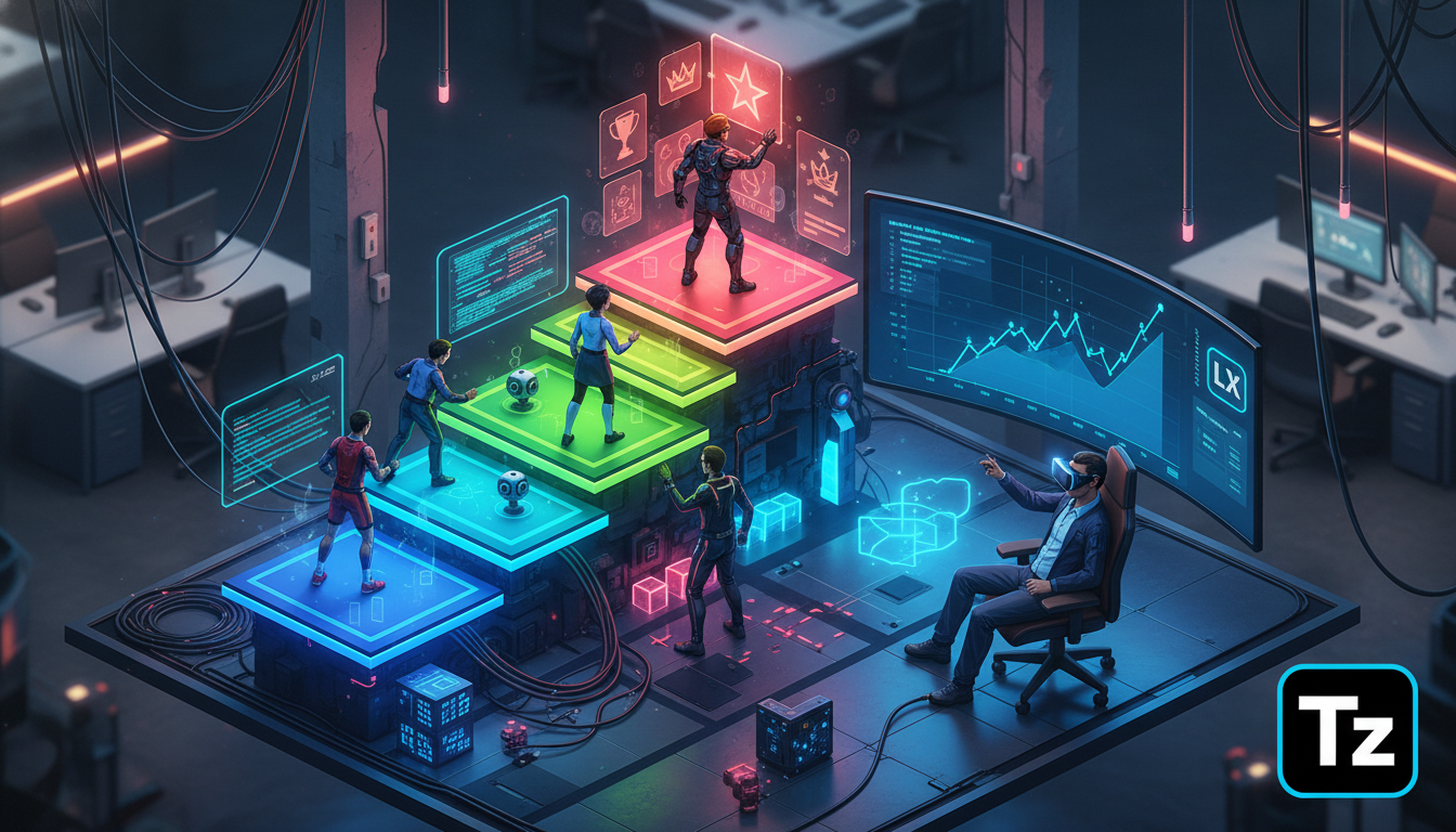 Por que toda empresa deveria entender Ranking de Alunos — Ilustração isométrica de um escritório moderno e colorido, onde os funcionários estão representados como personagens de videogame subindo em u