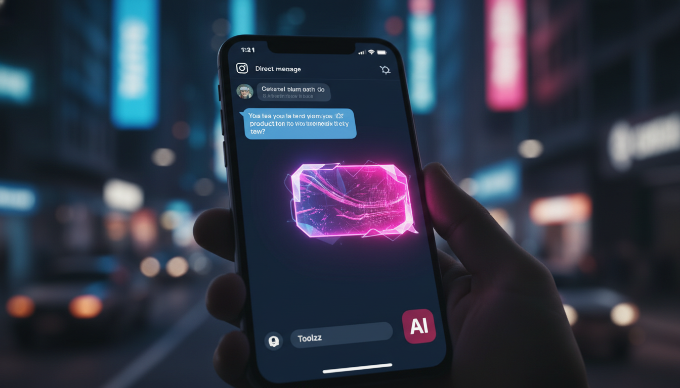 Por que Toolzz é referência em Atendimento com IA — Close-up de um smartphone exibindo uma conversa do Instagram. No lado do cliente, a mensagem é uma pergunta comum sobre um produto. No lado da respo