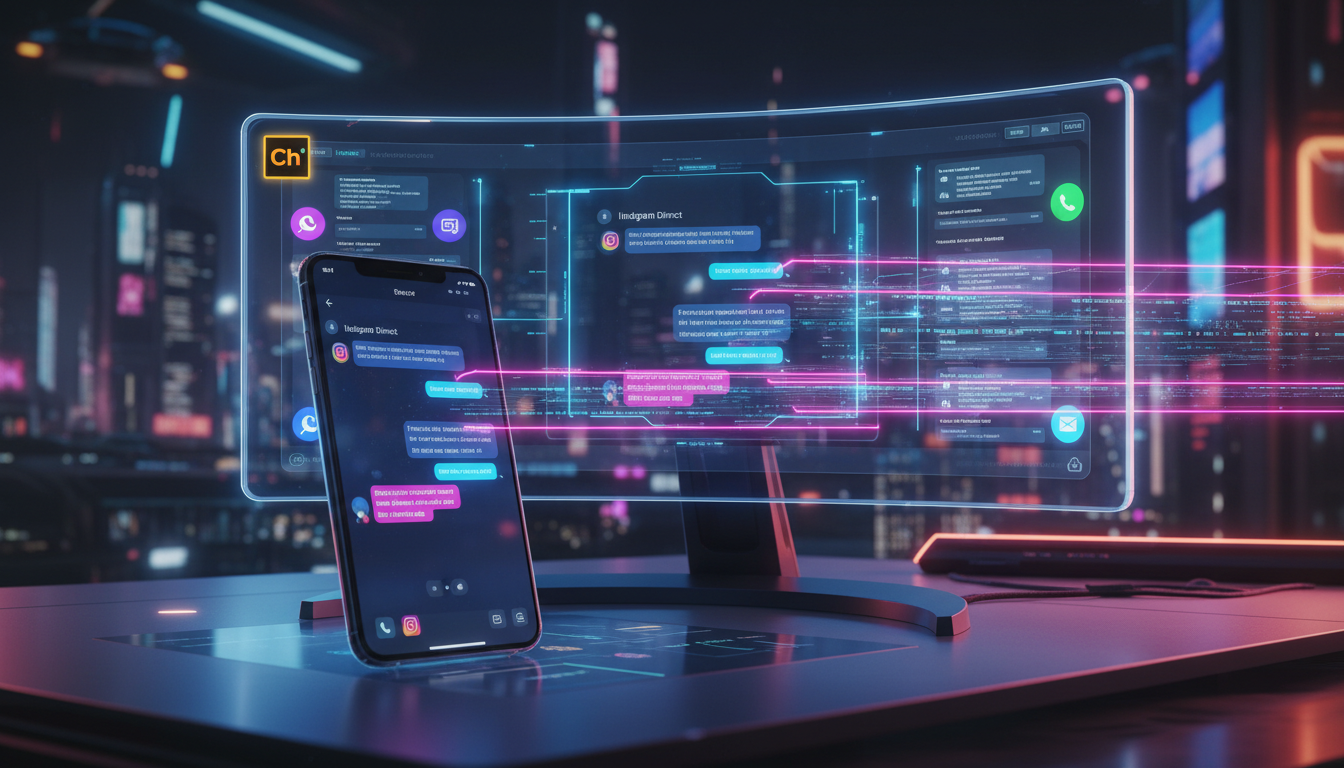 Por que Toolzz é referência em Atendimento Omnichannel com IA — Close-up de um smartphone mostrando uma conversa no Instagram Direct. A tela do celular se estende para revelar um painel de controle da