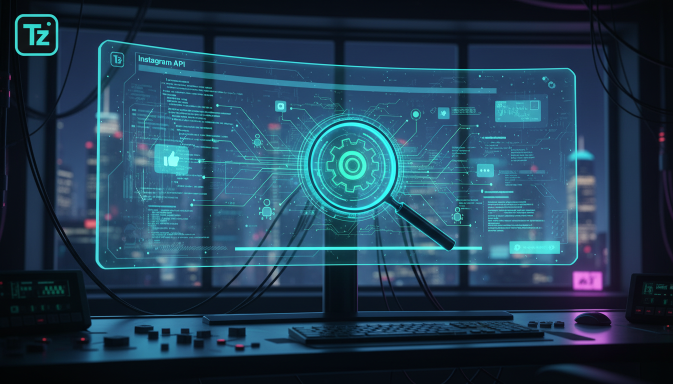 Por que Toolzz é referência em Automação Instagram — Uma tela de computador mostrando a API do Instagram em ação, com linhas de código e dados visuais representando o fluxo de informações. Em primeiro