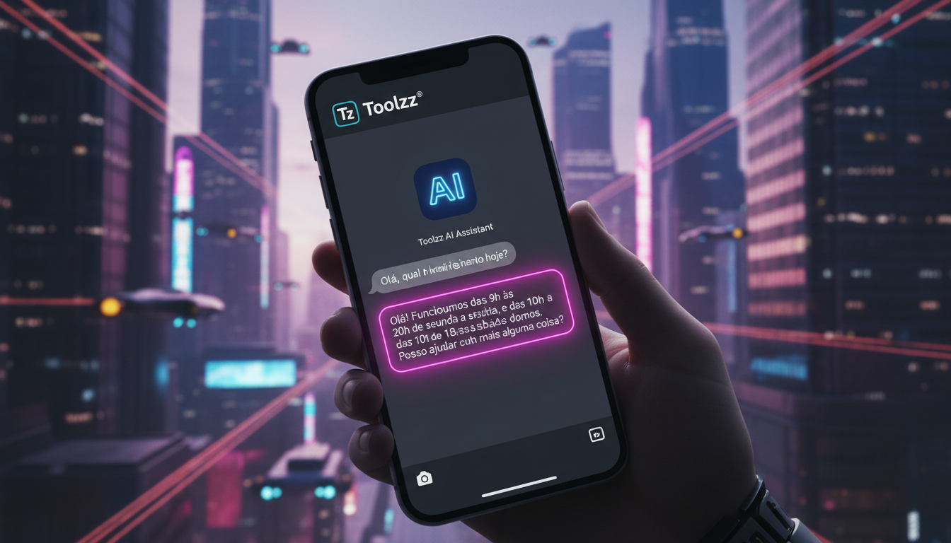 Por que Toolzz é referência em Automação para Instagram 2026 — Close-up focado na tela de um smartphone mostrando uma conversa de chatbot no Instagram. O chatbot, identificado como 'Toolzz AI Assistan