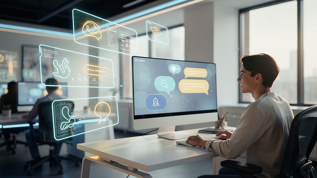 Por que Toolzz é referência em Chatbot, IA e Atendimento em 2026 — Um escritório moderno e iluminado, com um agente de atendimento ao cliente sorrindo enquanto interage com um chatbot em sua tela. Bal