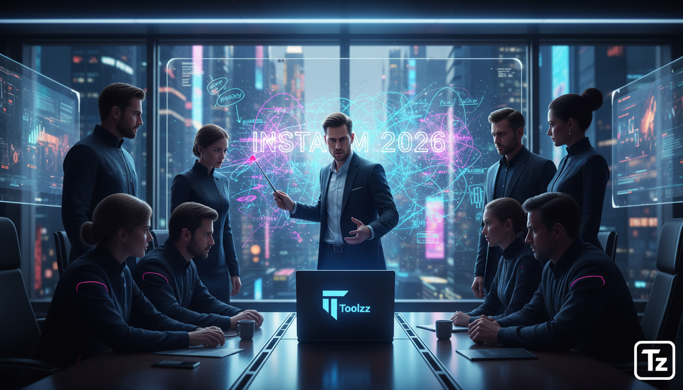 Por que vender no Instagram com IA falha e como evitar em 2026 — Uma sala de reunião corporativa onde os executivos discutem a implementação de IA no Instagram. Um deles aponta para um quadro branco o