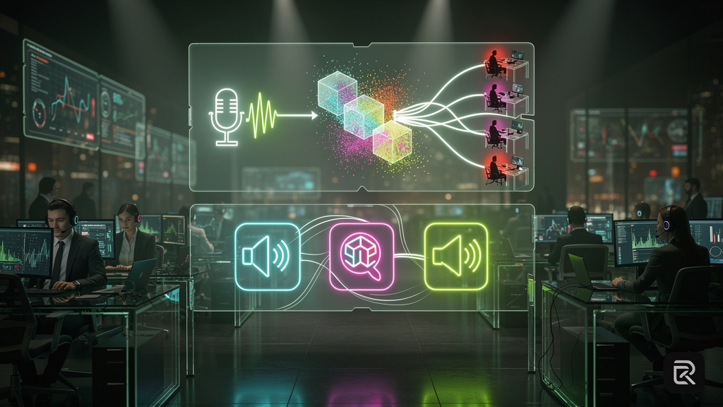Por que Voice AI é essencial para Call Centers em 2026 — Um diagrama visual mostrando a arquitetura de um sistema de Voice AI em um call center. No bloco superior, fluxograma simplificado mostrando co
