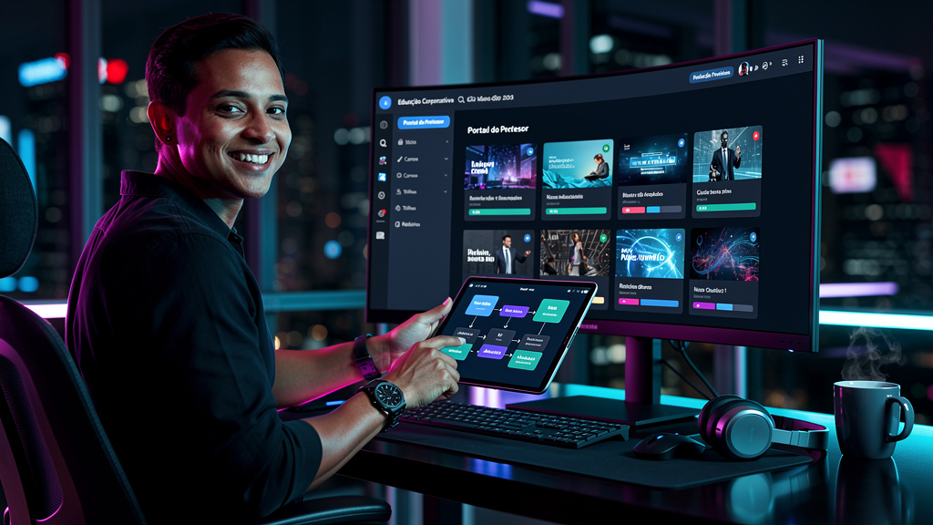 Portal do Professor: Guia Completo para Educação Corporativa — Um instrutor sorrindo, em frente a um monitor, utilizando um Portal do Professor Toolzz LXP. Na tela, múltiplas ferramentas e funcionalid