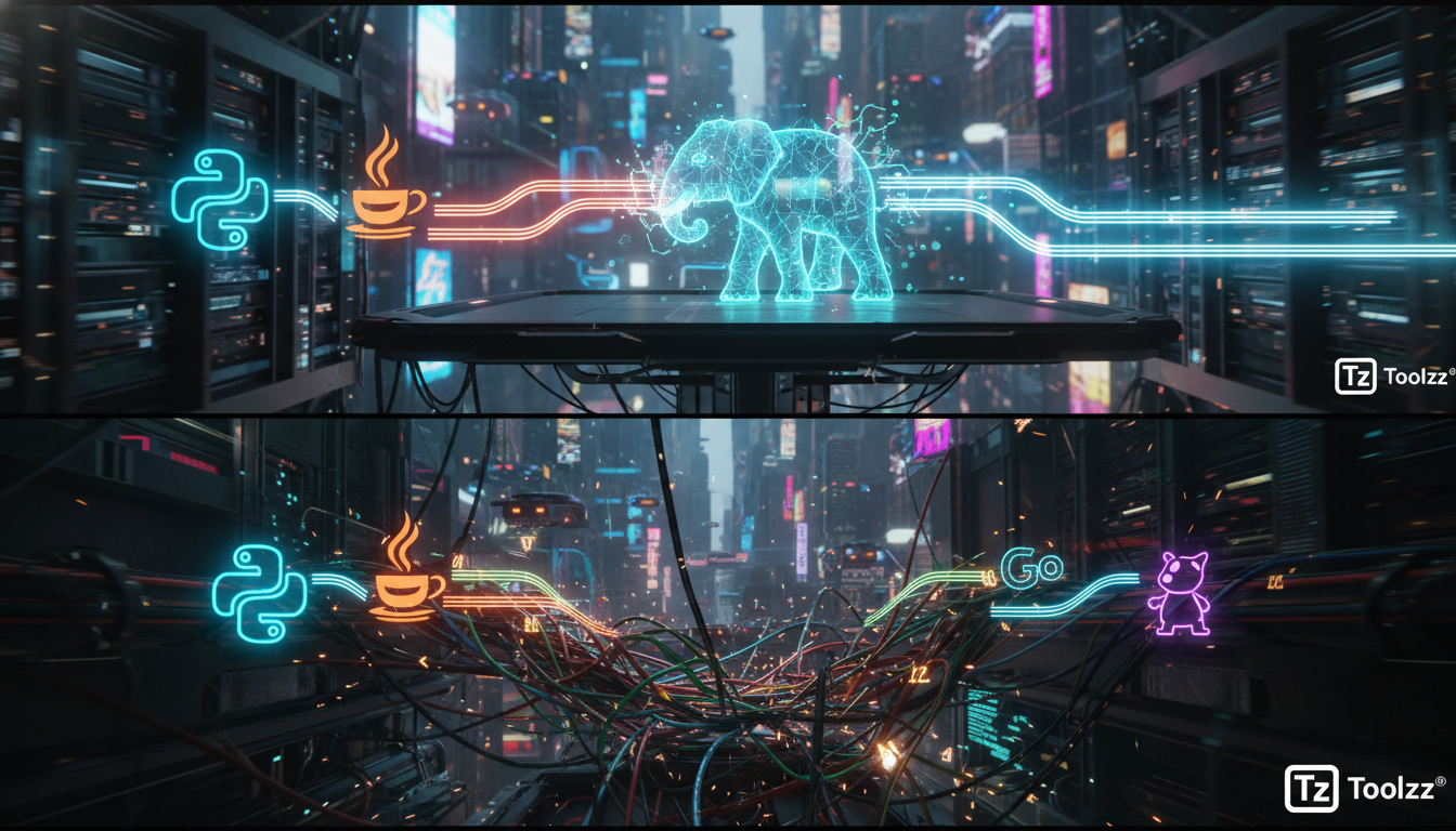Postgres como plano de controle para agentes de IA — Diagrama infográfico em duas partes (superior/inferior para carrossel Instagram). Parte superior: Representação visual de diferentes linguagens de 