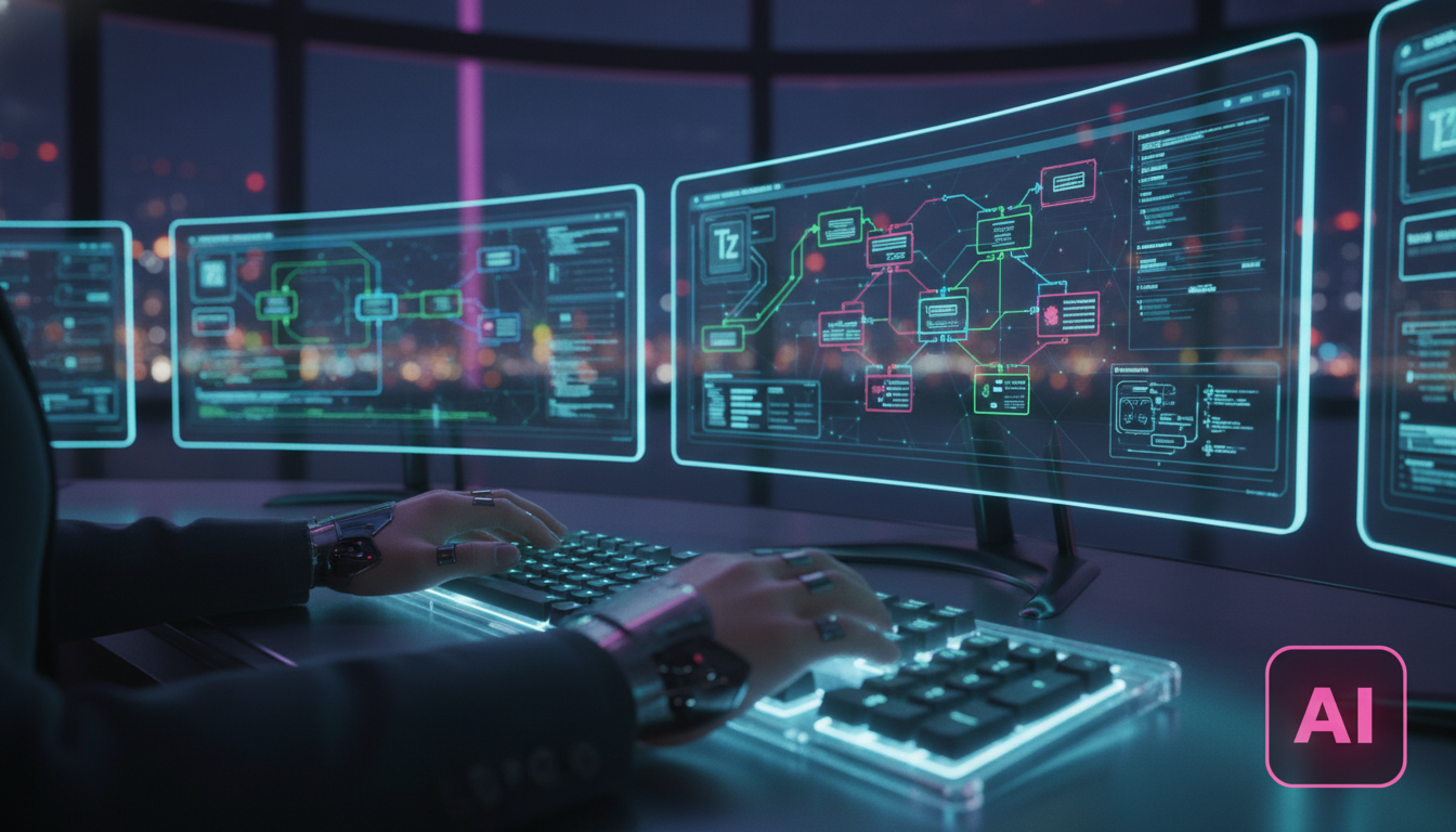 PostgreSQL: A Plataforma Neutra para Orquestração de Workflows e IA — Uma sala de controle moderna com vários monitores exibindo diagramas de fluxo de dados do PostgreSQL. Em primeiro plano, mãos digi