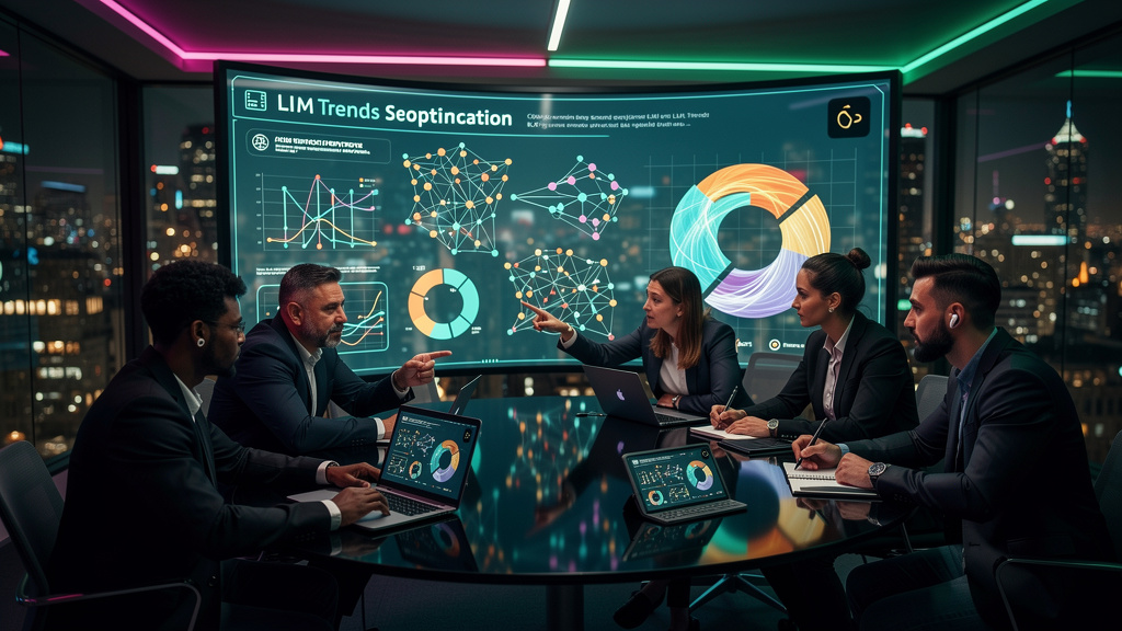 Preços Toolzz: SEO para LLMs em 2026 — Um time de especialistas em SEO reunidos em volta de uma mesa redonda, colaborando em um painel interativo que exibe as últimas tendências de LLMs. A tela mostra