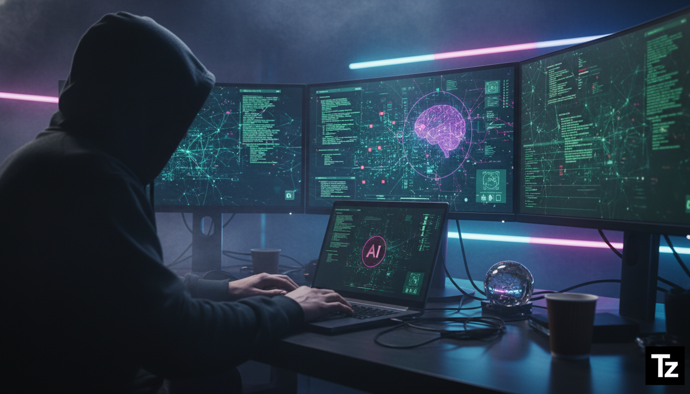 Preparando Empresas para o Futuro da IA: Lições do 'Cyber Surprise' — Um hacker, com o rosto parcialmente obscurecido pela sombra de seu capuz, trabalhando em frente a várias telas exibindo códigos co