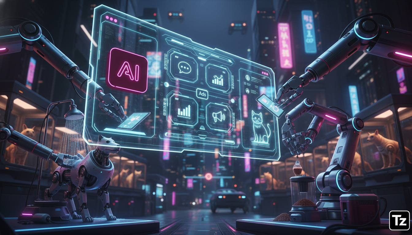 Preparando-se para o futuro da automação com IA — Ilustração digital em estilo flat design mostrando a Meta Business Suite como um centro de controle, com vários ícones representando diferentes funçõe