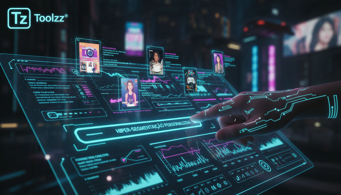 Preparando-se para o futuro da automação de marketing no Instagram em 2026 — Close-up de um painel de controle de IA para Instagram, mostrando dados complexos e insights em tempo real. Uma mão humana 