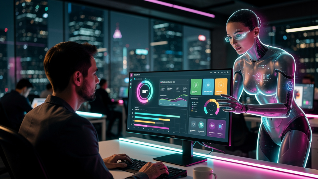 Preparando-se para o futuro da Educação Corporativa — Um agente de IA (estilo avatar amigável) ajudando um funcionário a navegar por um painel de controle de LXP. O avatar aponta para gráficos de prog