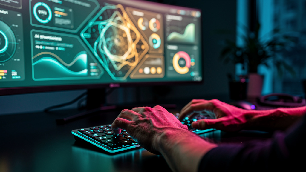 Preparando-se para o futuro da IA e Humanos em 2026 — Close-up das mãos de um analista de dados trabalhando em um dashboard da Toolzz AI. As mãos estão sobre um teclado moderno, com a tela exibindo gr