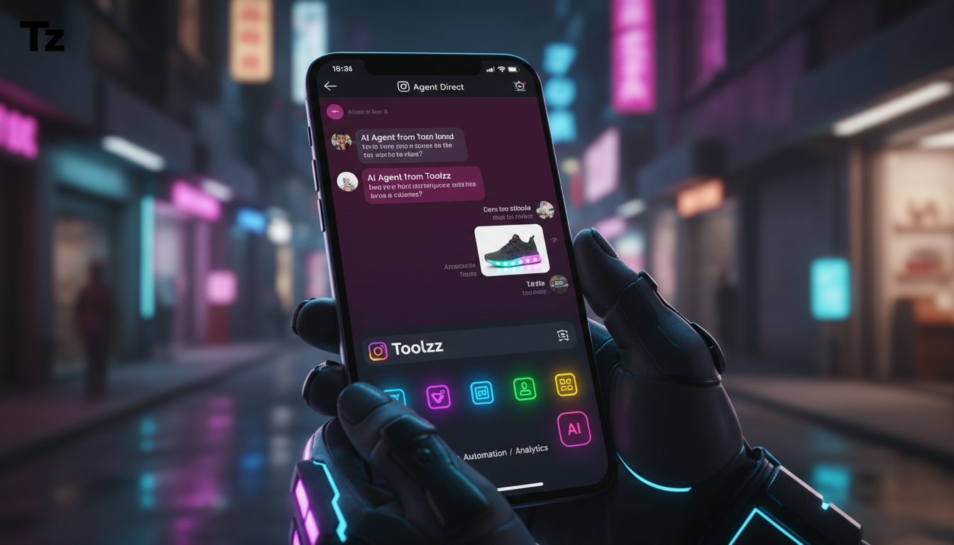 Preparando-se para o futuro do Marketing IA — Close-up de um smartphone exibindo uma conversa do Instagram Direct, onde um agente de IA da Toolzz responde a perguntas de um cliente sobre um produto de