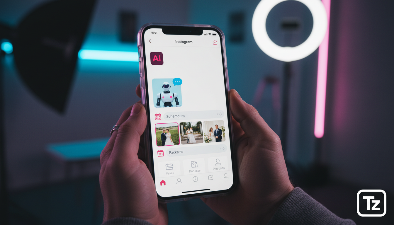 Preparando-se para o futuro do Marketing IA — Um close-up das mãos de um fotógrafo segurando um smartphone. Na tela do smartphone, uma conversa simulada do Instagram com um agente de IA da Toolzz resp