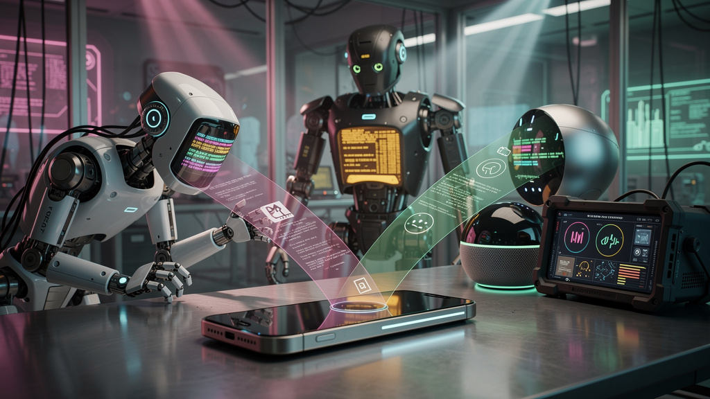 Preparando-se para o futuro do MCP — Ilustração de um tradutor universal de bolso, com o logo da Toolzz gravado na lateral, traduzindo simultaneamente entre diferentes robôs e dispositivos de IA. Cada