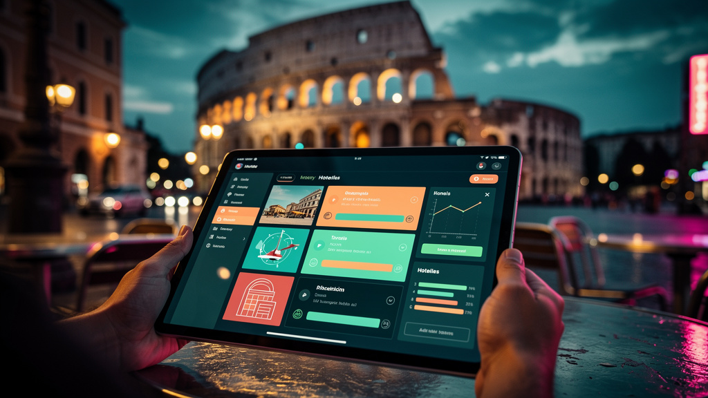 Preparando-se para o futuro do SEO — Um close-up de um tablet exibindo uma interface de busca generativa simulada. A tela mostra uma resposta detalhada e concisa sobre 'melhores hotéis em Roma', sinte