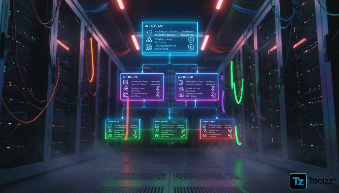 Prepare seu Código iOS para a Era dos Agentes de IA — Um diagrama hierárquico que ilustra a estrutura de arquivos AGENTS.md em um projeto iOS. No topo, o arquivo AGENTS.md da raiz, representando o con